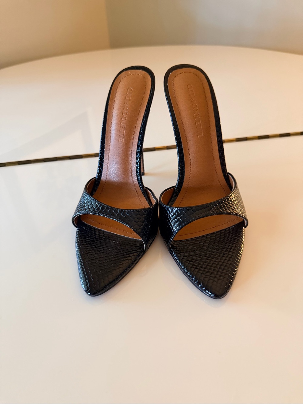 Textured Black Pointed-Toe Mule Heels - Women